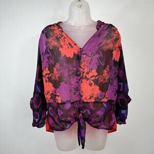 Fig & Flower Top Size M Purple Red Colorful Tie Front Sheer Popover Shirt